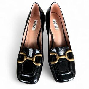 Anthropologie Bibi Lou black patent leather Valencia block heel loafer size 39
